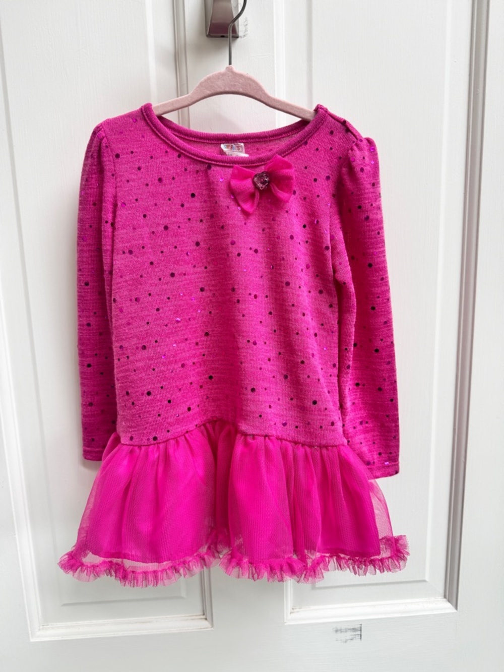 Swiggles Girls 4T Hot Pink Sparkle Tulle-Hem Long Sleeve Bow Dress